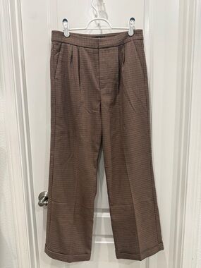 PAIGE Tan and Brown Houndstooth Wide Leg Trousers